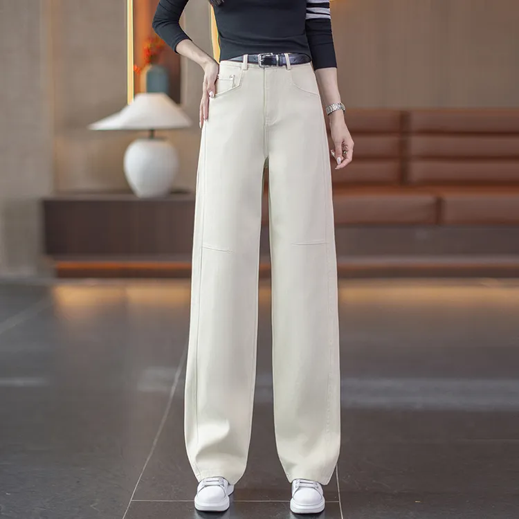 时尚窄版弯刀阔腿牛仔裤女春秋2025新款高腰宽松显瘦休闲直筒长裤