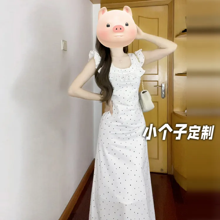 150小矮个子小飞袖波点连衣裙女夏季中长款收腰荷叶边法式吊带裙