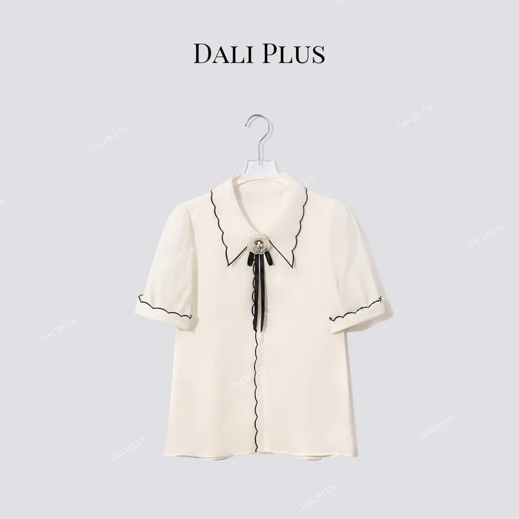 DALI PLUS“撞色胸针”气质刺绣封边百搭衬衫-D5SS7169
