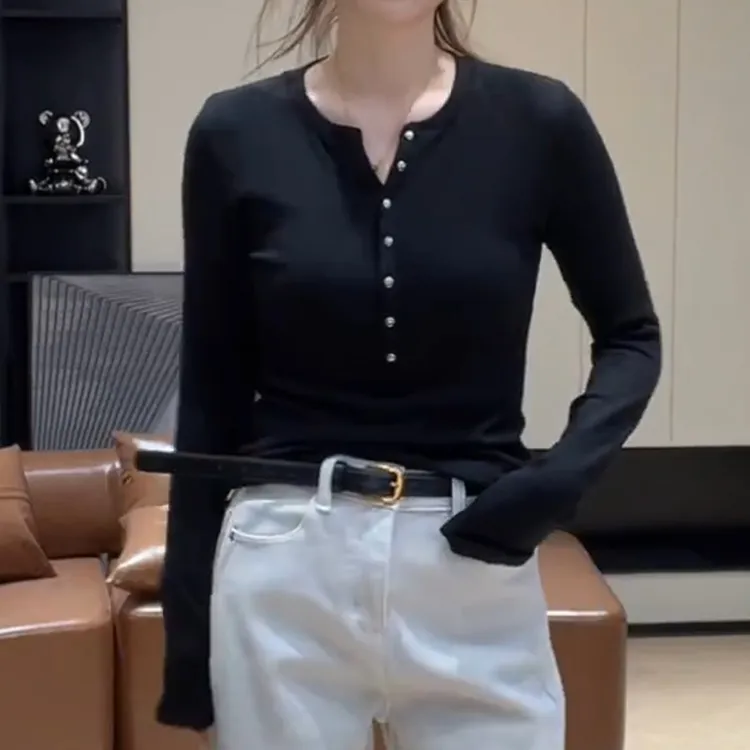 冬季韩系磨毛单排扣显瘦打底上衣百搭时尚T恤LK2507646