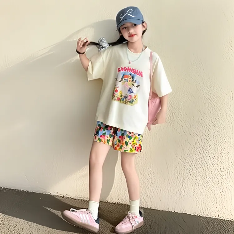 夏天韩版女童t恤儿童女孩休闲短袖短裤甜美可爱宽松透气亲肤时尚