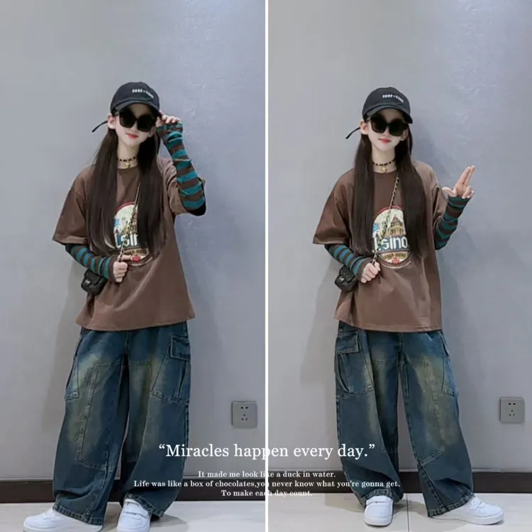 女童T恤套装春秋新款女孩卫衣牛仔裤两件套韩版休闲童装衣服秋装