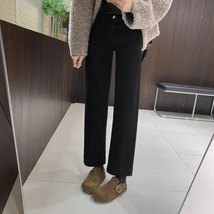 IMFLY金小金自制女装 加绒牛仔裤DYK2896秋冬窄版九分高腰直筒裤