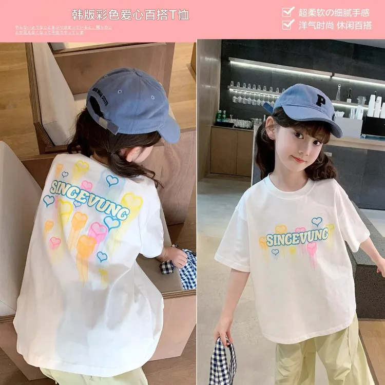 小清新白色纯棉儿童t恤女童短袖夏季中大童宽松外穿ins风潮款上衣