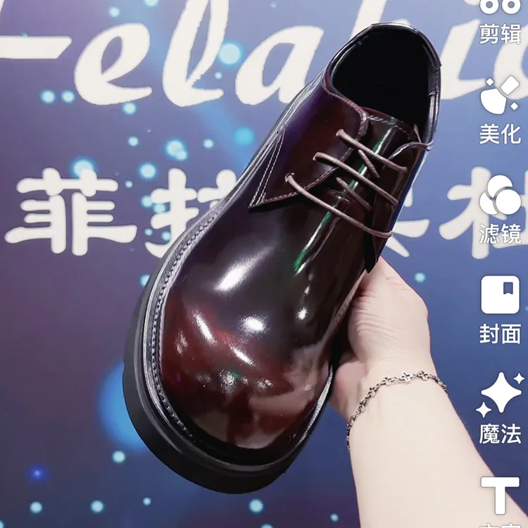 圆头休闲风中跟系带胶粘休闲皮鞋皮鞋氛围感休闲鞋子