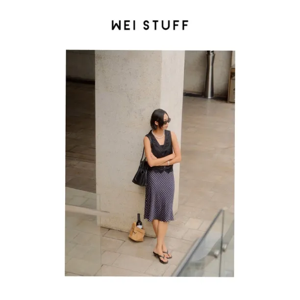 WEI STUFF 星迹春游出行高腰百搭品质休闲波点半裙A字裙 9237.