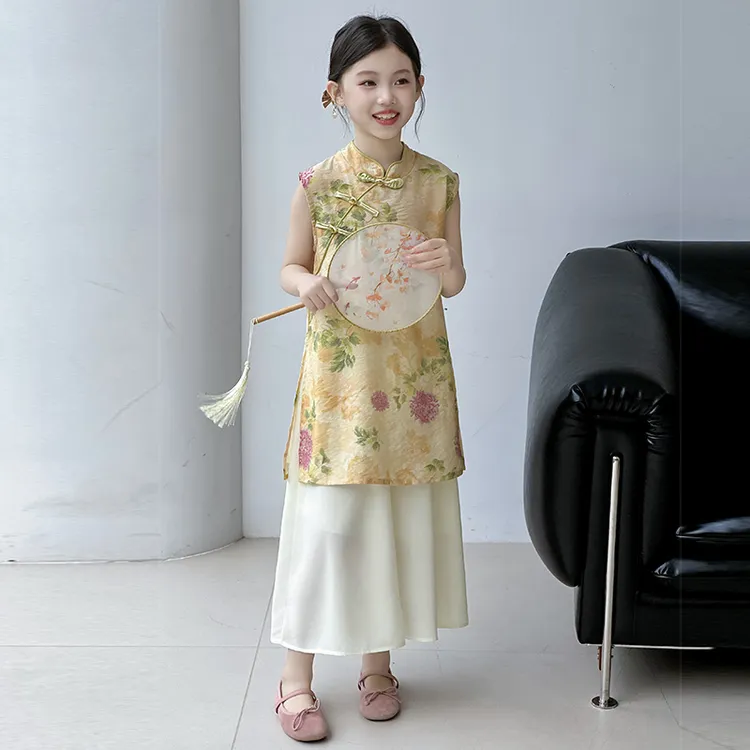 女童夏季新款新中式中国风旗袍套装儿童6-12岁复古碎花盘扣两件套