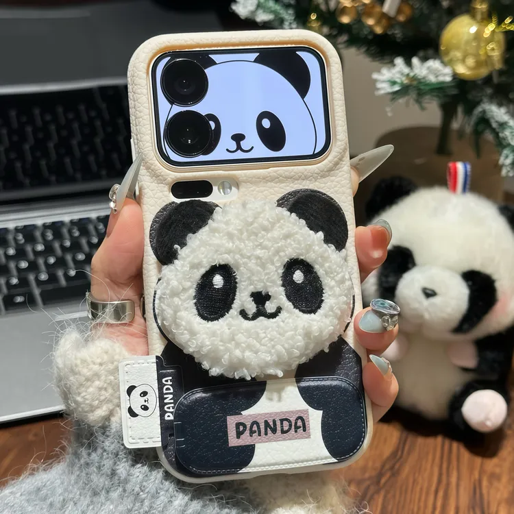 冬季毛绒熊猫支架适用苹果17/16promax手机壳华为vivoppo小米一加