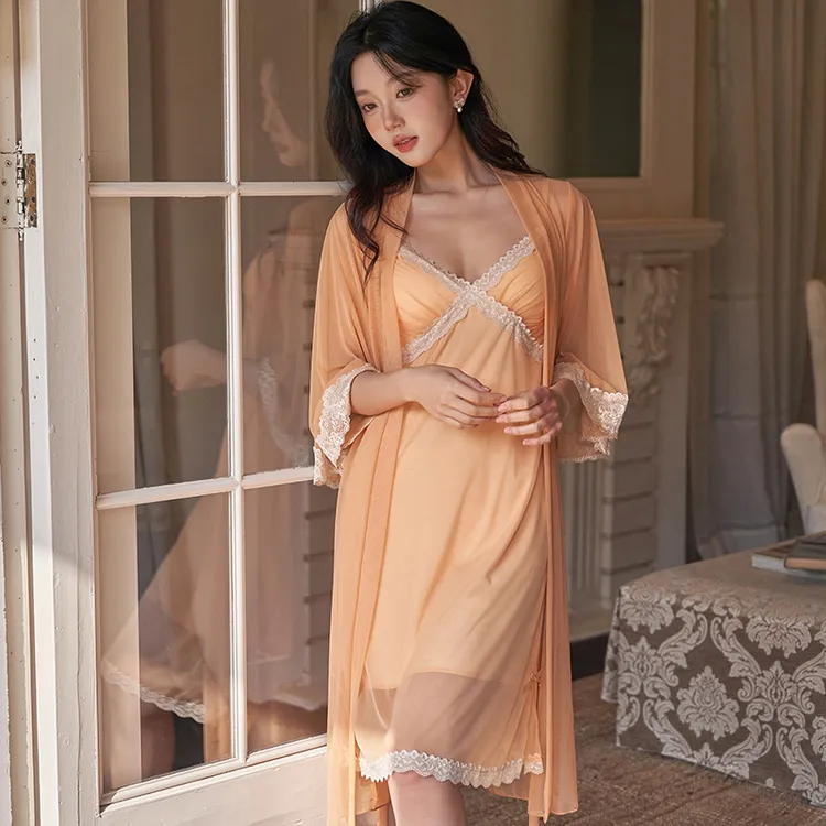 苏雅婷法式春夏网纱带胸垫吊带睡裙性感薄款晨袍蕾丝纯欲仙女套装