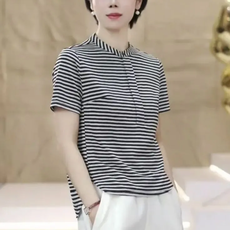 撞色条纹圆领正肩短袖t恤女夏季2025新款时尚休闲上衣洋气小衫潮