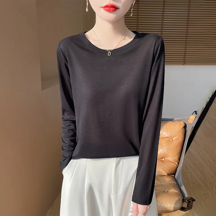圆领新款长袖T恤针织衫纯色长袖宽松显瘦打底上衣透气打底衫