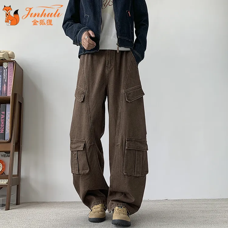 金狐狸美式阔腿裤加绒牛仔裤男女宽松直筒裤多口袋大码休闲工装裤
