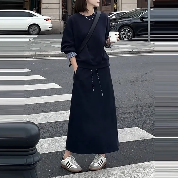 早春新款韩版时尚套装女拼接长袖上衣宽松显瘦a版半身裙两件套潮