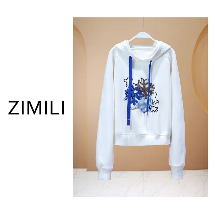【亮哥欧货女装】冬季麂皮绒加厚《雪花》白色刺绣连帽卫衣6028-K1