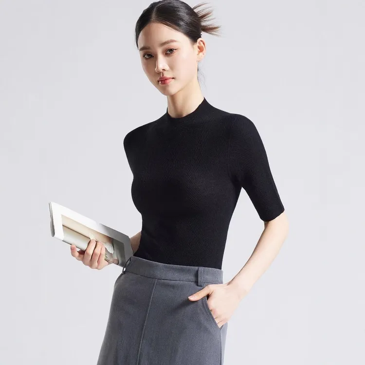 秋季无缝羊绒中袖女针织衫恤桑蚕丝精纺羊毛半高领短袖打底衫