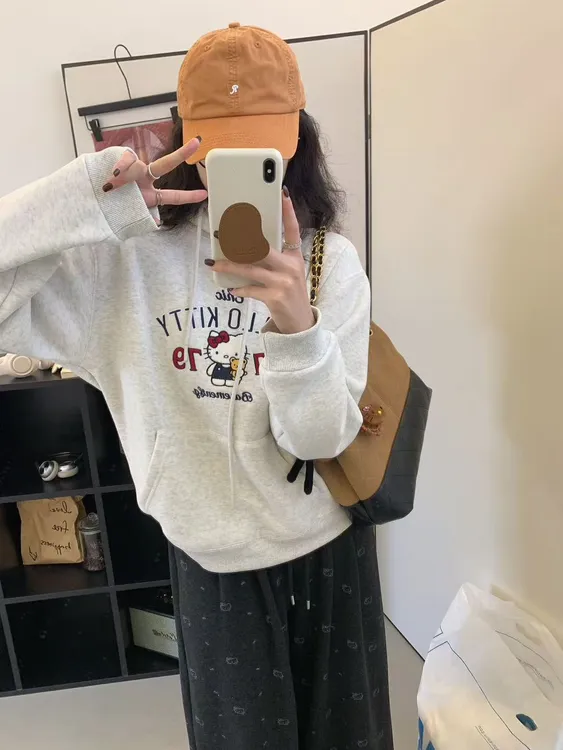 连帽【kitty加绒】常规薄款长袖印花宽松型卫衣休闲加厚ins春秋