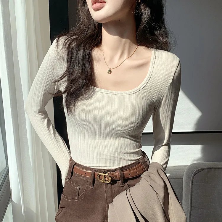 粘纤100%H235新款大U领体恤衫女打底衫T恤长袖上衣低领内搭修身女