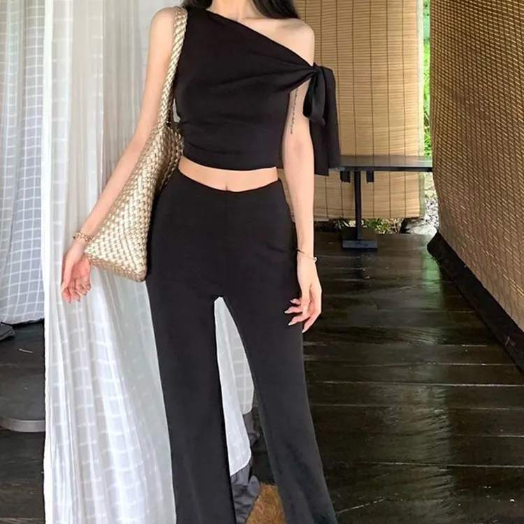 套装时尚休闲百搭夏季纯色简约轻奢设计师美式辣妹绑带斜肩无袖背