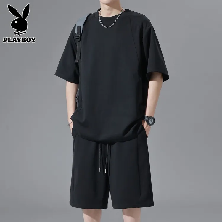花花公子套装男士短袖T恤短裤2025年夏季潮流黑色运动休闲两件套