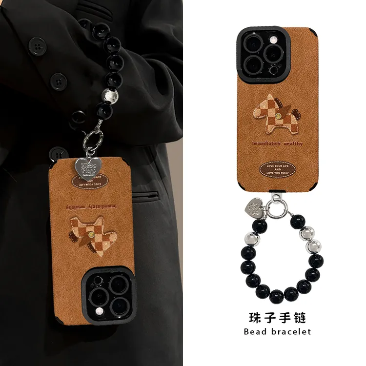 格纹小马适用于苹果17华为vivo/oppo小米iPhone16瞳眼羊皮手机壳