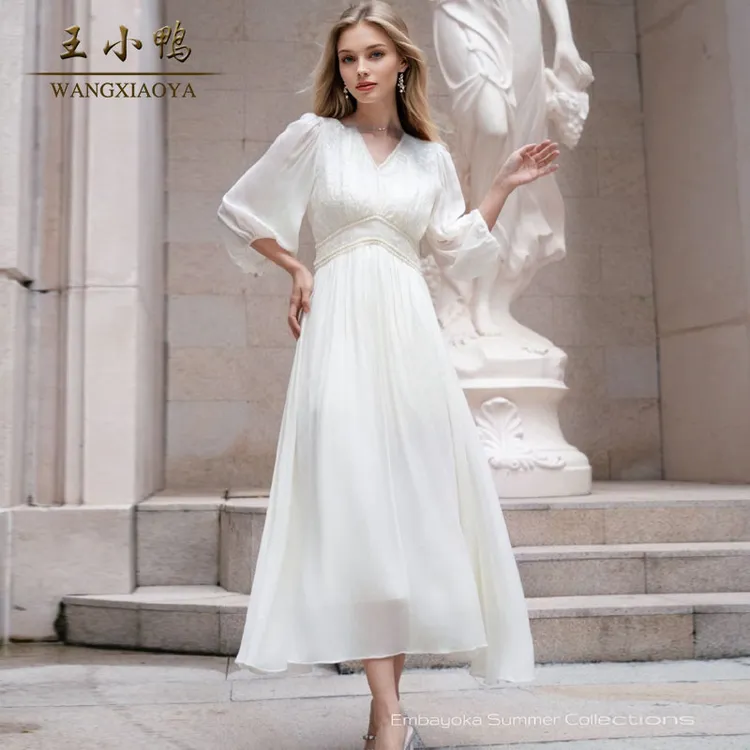 王小鸭白色法式时尚雪纺连衣裙女2025夏季新款遮肚子显瘦气质优雅