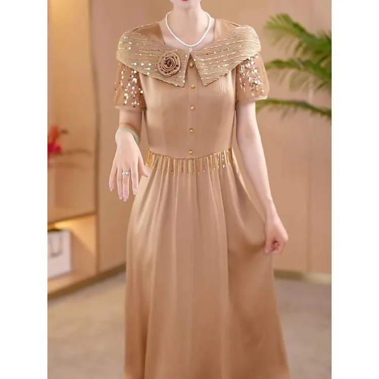 高级珍珠缎气质高贵优雅礼服裙2025夏季新款花朵纯色修身连衣裙女