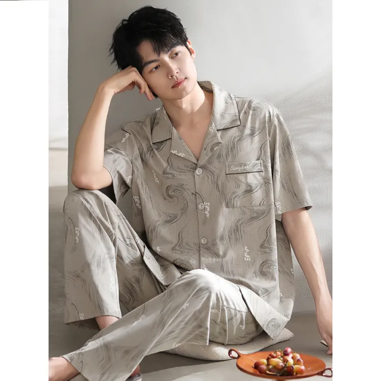 睡衣男夏季纯棉短袖长裤薄款夏天男款大码半袖夏款宽松舒适家居服