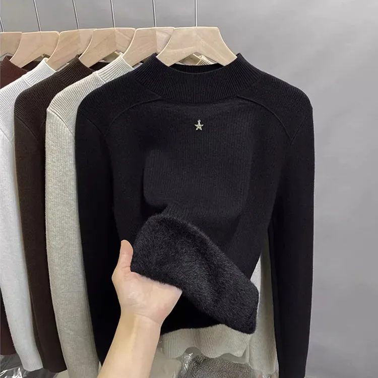 一体绒蕾丝半高领毛衣女加绒厚打底衫2025秋冬新款针织衫内搭上衣