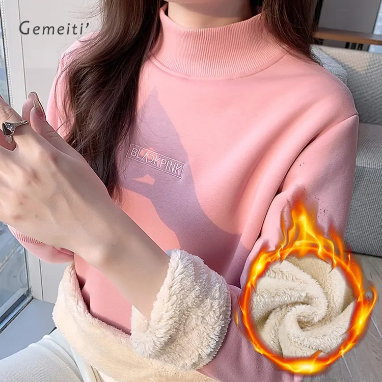 冬季半高领羊羔绒加厚套头卫衣女装加绒保暖正肩休闲打底内搭上衣