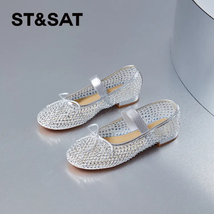 星期六玛丽珍平底鞋浅口妈妈鞋2025秋季银色软底水钻低跟芭蕾鞋女