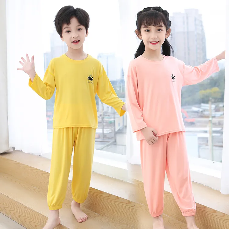 儿童睡衣莫代尔春夏季薄款九分袖男童家居服空调女孩纯色冰丝套装