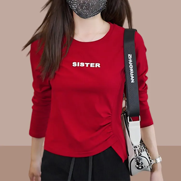 香朵儿纯棉圆领t恤女春秋款2024新款韩版小众不规则洋气减龄上衣