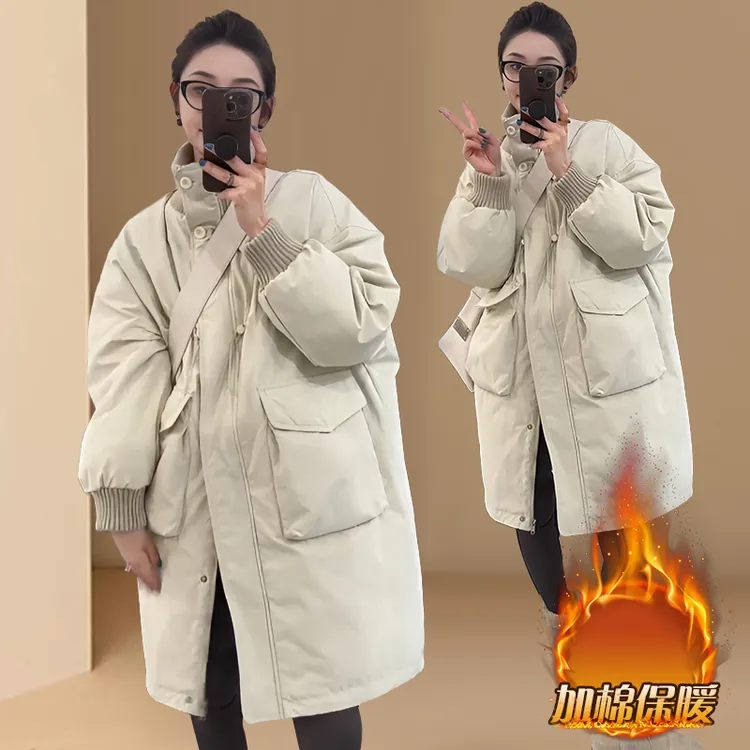 欧洲站2025秋冬季时尚立领高腰拉链中长款大口袋加棉棉衣棉服外套