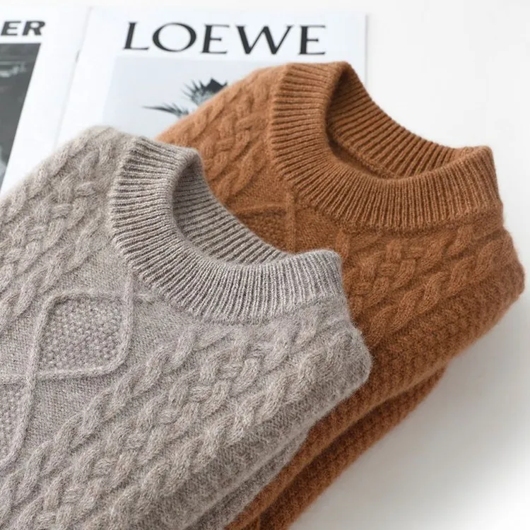 鄂尔多斯产儿童加厚纯羊毛衫女童圆领麻花毛衣男童提花羊毛衫童装