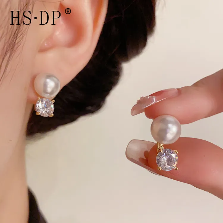 黄铜仿珍珠耳饰 潮款气质甜美锆石两戴珠耳钉女轻奢优雅高级感