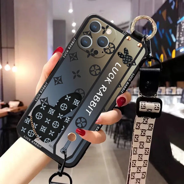 渐变兔苹果/华为/vivo/荣耀/OPPO手机壳防摔腕带硅胶斜挎挂绳网红
