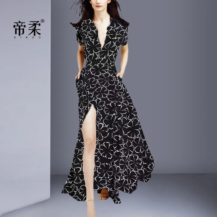 时尚法式印花连衣裙2025夏季新款修身显瘦高档洋气气质开叉长裙子