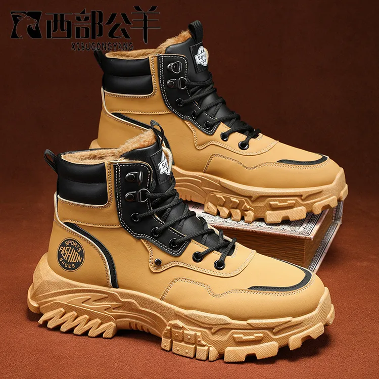 西部公羊美式高帮街潮马丁靴冬季新款加绒保暖工装鞋户外休闲运动