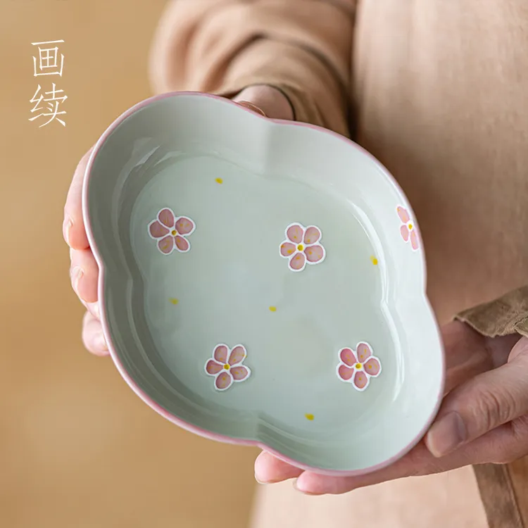 画续草木灰手绘梅花壶承干泡台盖碗底托茶承垫陶瓷茶点盘壶托果盘