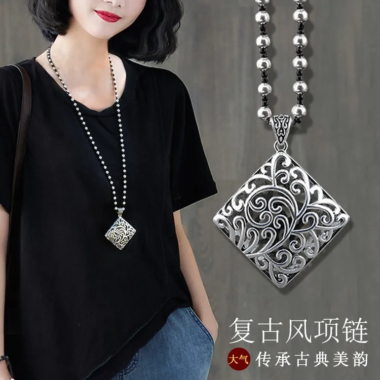 锌合金项链 黑白珠民族风项链长款女十毛衣链百搭衣服挂件大气