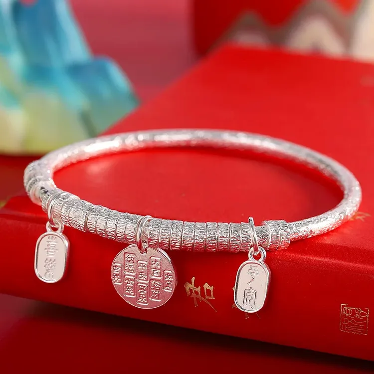 足银手镯 通体足银999黄财神平安喜乐钱串子手镯吉言锤纹女镯子