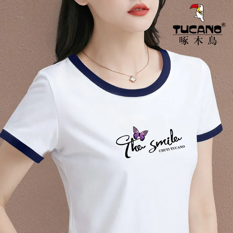 啄木鸟夏季薄款透气休闲上衣纯棉圆领印花简约短袖女装修身显瘦T