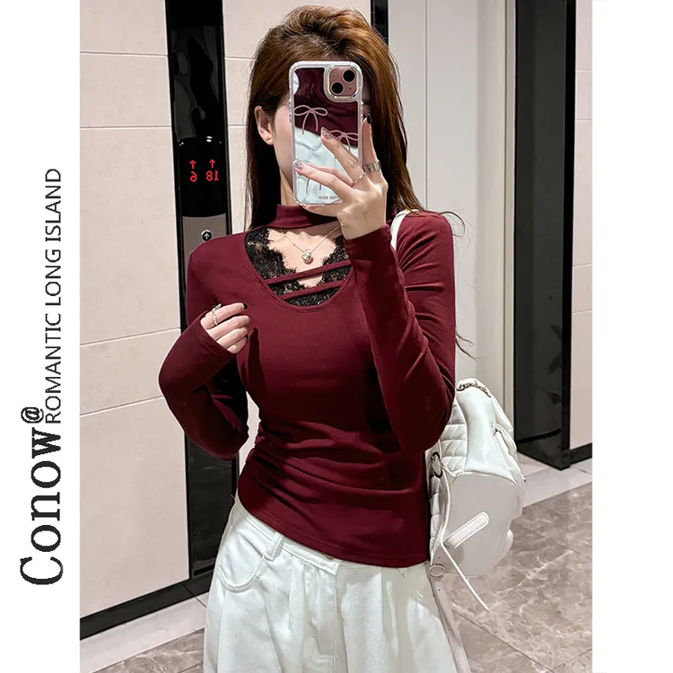 蕾丝拼接v领长袖纯欲风显瘦加绒挂脖T恤女秋冬新款修身气质打底衫