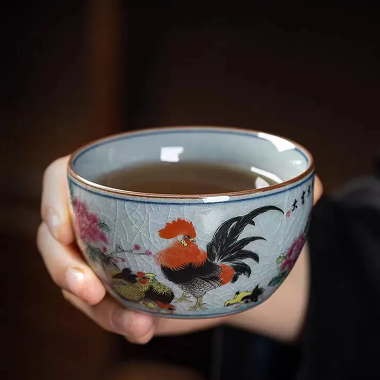 景德镇茶具大吉大利鸡缸杯卧足杯主人杯老陶泥单杯喝茶碗喝水杯子