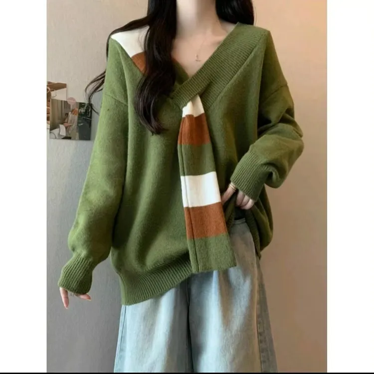 茶里茶气别致V领毛衣女新款秋冬宽松显瘦独特针织衫奶里奶气上衣