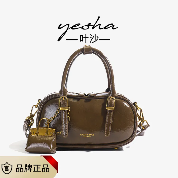 手拎时尚油蜡皮保龄球包女2024冬季新款复古轻奢单肩包高级感女包