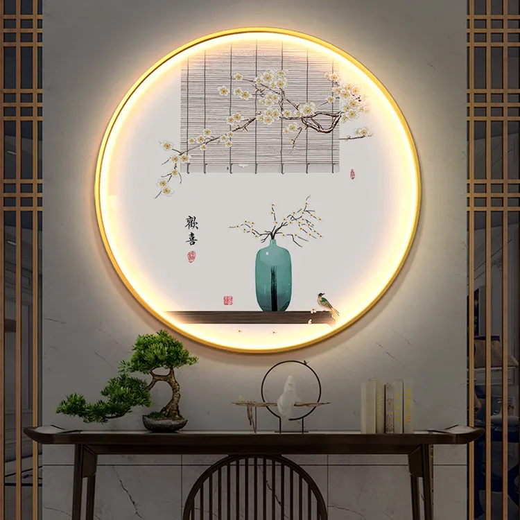 新中式装饰画入户玄关过道茶室软装圆形带灯禅意花瓶发光挂画富贵