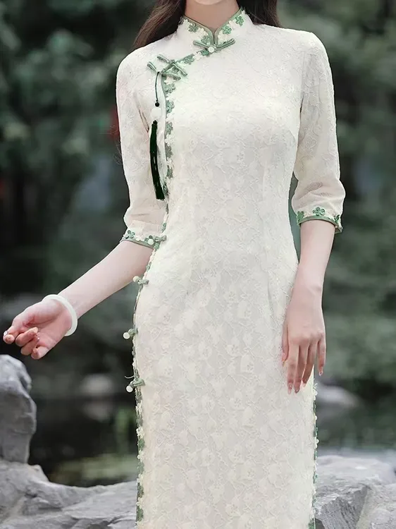 亲子装秋季夏季新款母女装旗袍连衣裙中式复古白色气质蕾丝时尚