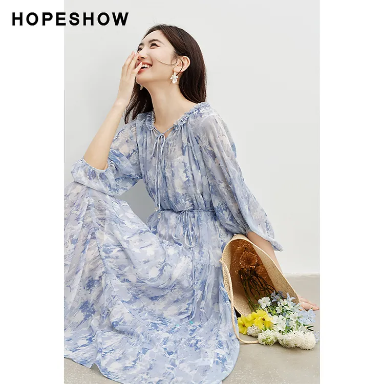 红袖夏季2024新款女装【蓝花剪影】灯笼袖印花裙套装90124201603