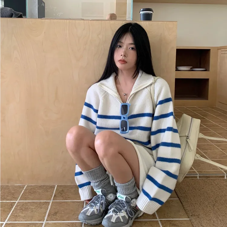 蓝色条纹半拉链毛衣早秋女2024新款爆款韩系慵懒风宽松cs针织上衣